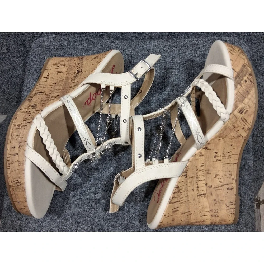 Jellypop Wedge Sandals Cream With Silver  Tone Chain Jewel Accents  Ankle Strap - Picture 11 of 13